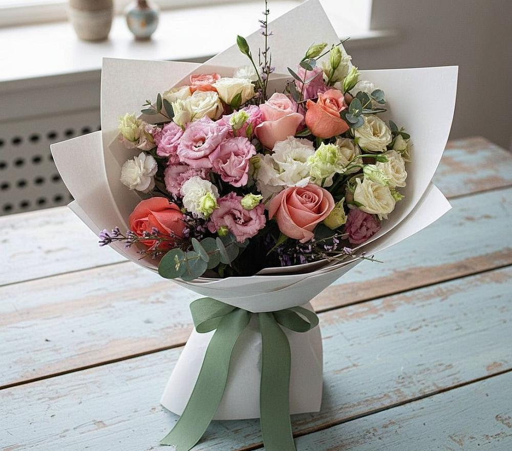 Букет цветов из: Розы, Лизиантусы и Гвоздики в Пучежи