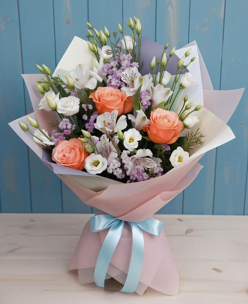 Букет цветов из: Лизиантусы, Розы, Альстромерии и Гипсофила в Пучежи