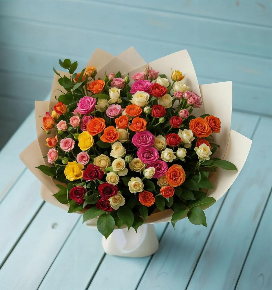 Букет Микс из разноцветных кустовых роз в Пучежи